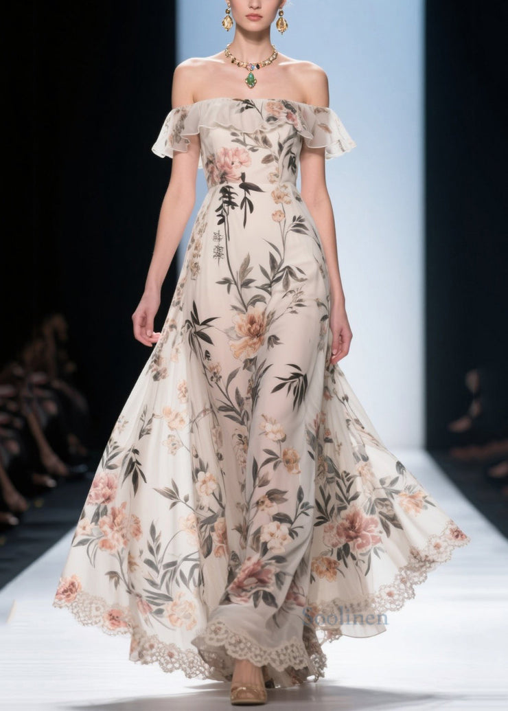Fashion White Cold Shoulder Print Chiffon Maxi Dress Summer