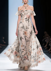 Fashion White Cold Shoulder Print Chiffon Maxi Dress Summer