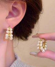 Fashion White Copper Alloy Asymmetrical Pearl Hoop Earrings