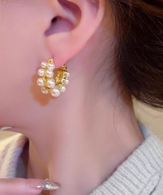 Fashion White Copper Alloy Asymmetrical Pearl Hoop Earrings