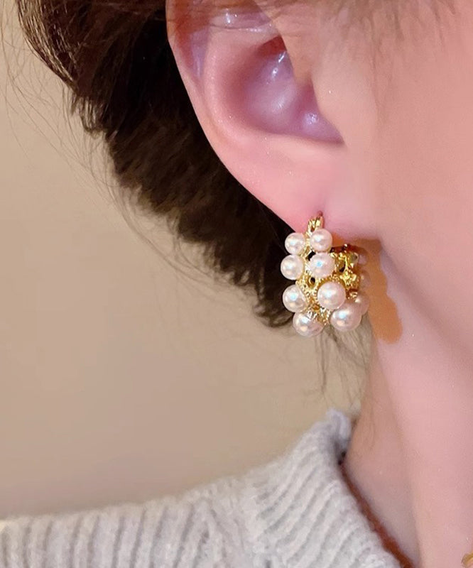 Fashion White Copper Alloy Asymmetrical Pearl Hoop Earrings