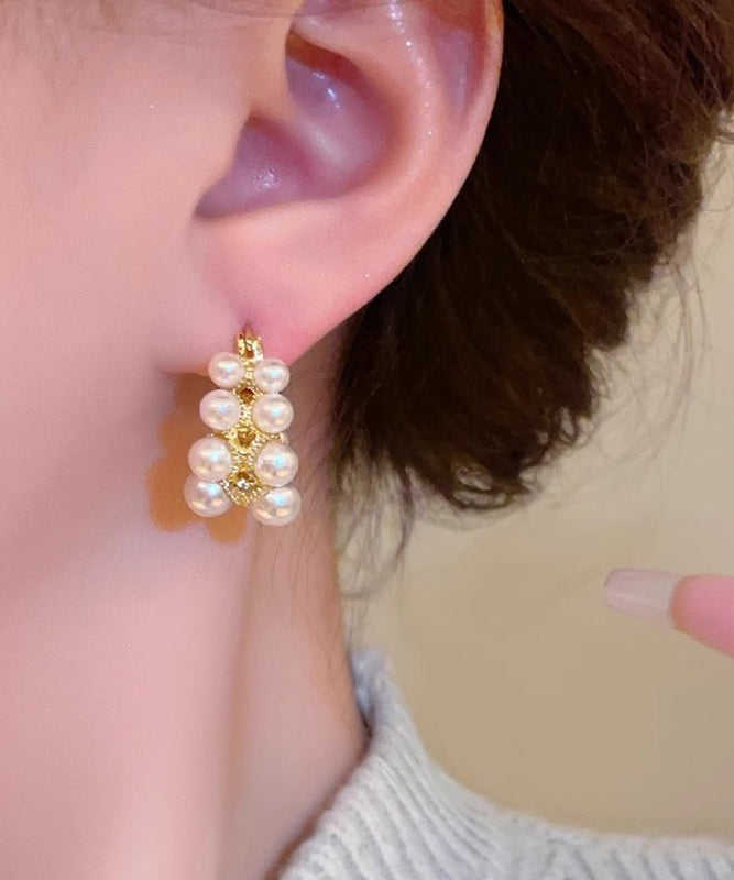Fashion White Copper Alloy Asymmetrical Pearl Hoop Earrings