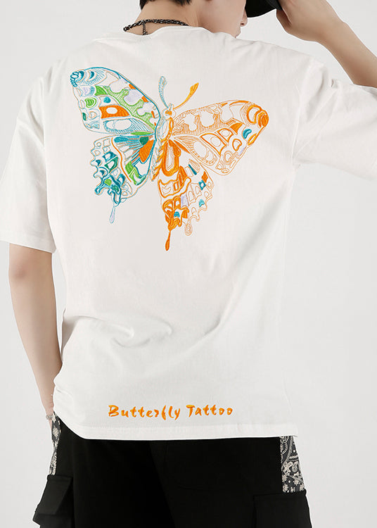 Fashion White Embroideried Butterfly Cotton T Shirts Summer