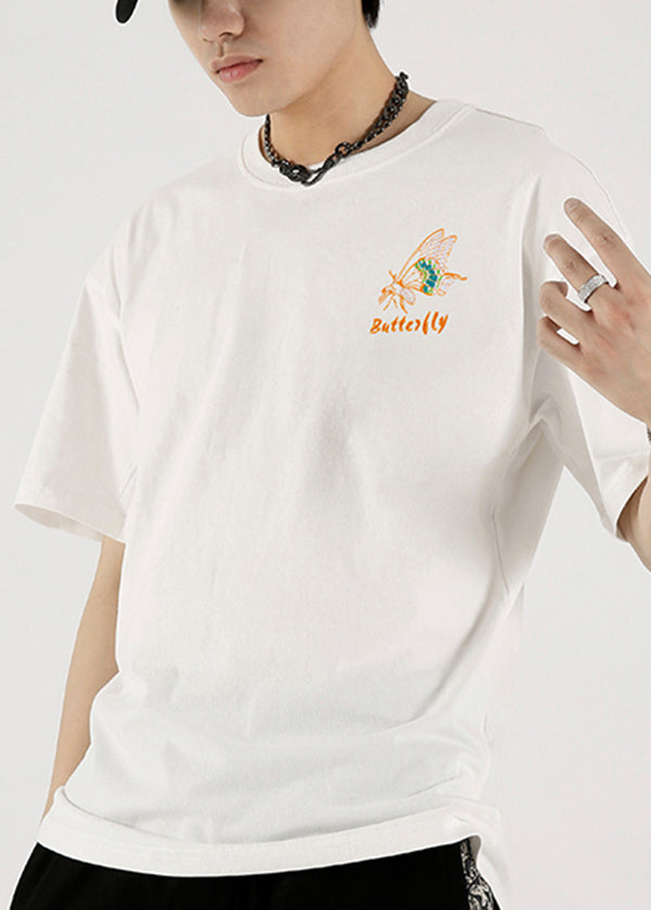Fashion White Embroideried Butterfly Cotton T Shirts Summer