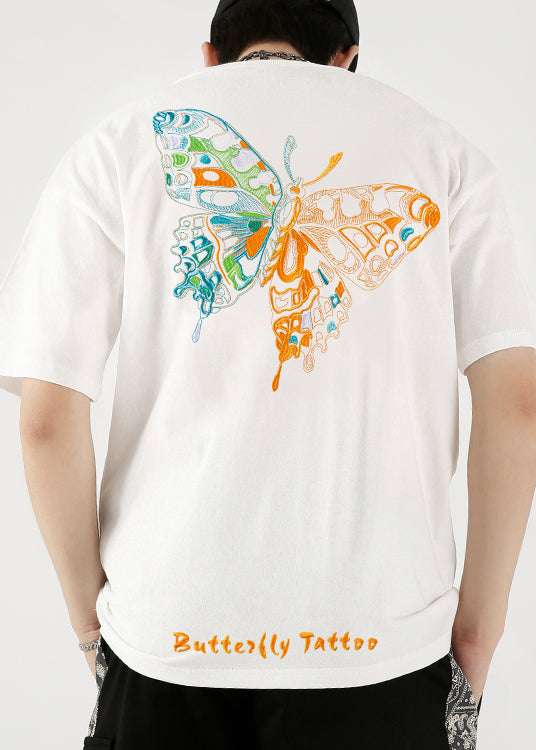 Fashion White Embroideried Butterfly Cotton T Shirts Summer