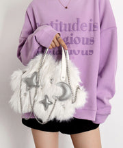 Fashion White Fuzzy Fur Fluffy Chain Linked Tote Handbag