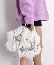 Fashion White Fuzzy Fur Fluffy Chain Linked Tote Handbag