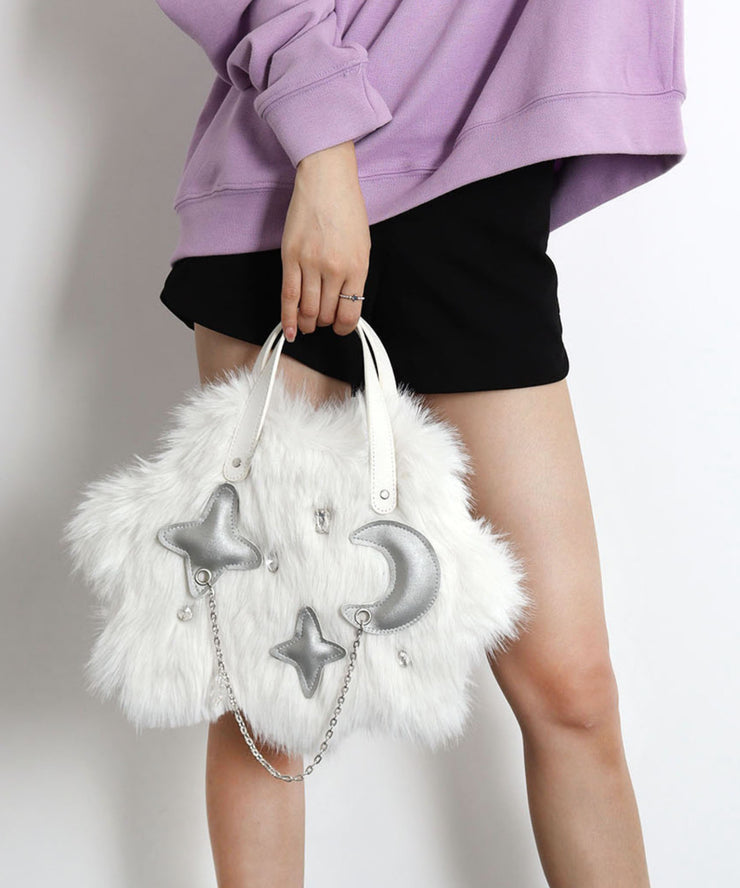 Fashion White Fuzzy Fur Fluffy Chain Linked Tote Handbag