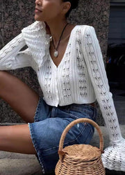 Fashion White Hollow Out Knit Shirts Flare Sleeve