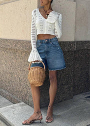 Fashion White Hollow Out Knit Shirts Flare Sleeve