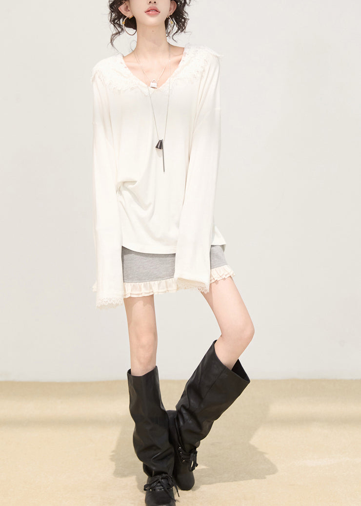 Fashion White Hooded Patchwork Lace Cotton Pullover Sweatshirt Spring