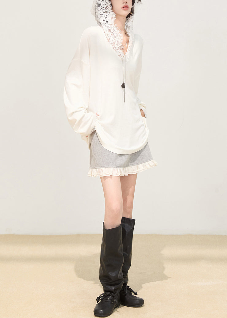 Fashion White Hooded Patchwork Lace Cotton Pullover Sweatshirt Spring