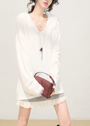 Fashion White Hooded Patchwork Lace Cotton Pullover Sweatshirt Spring