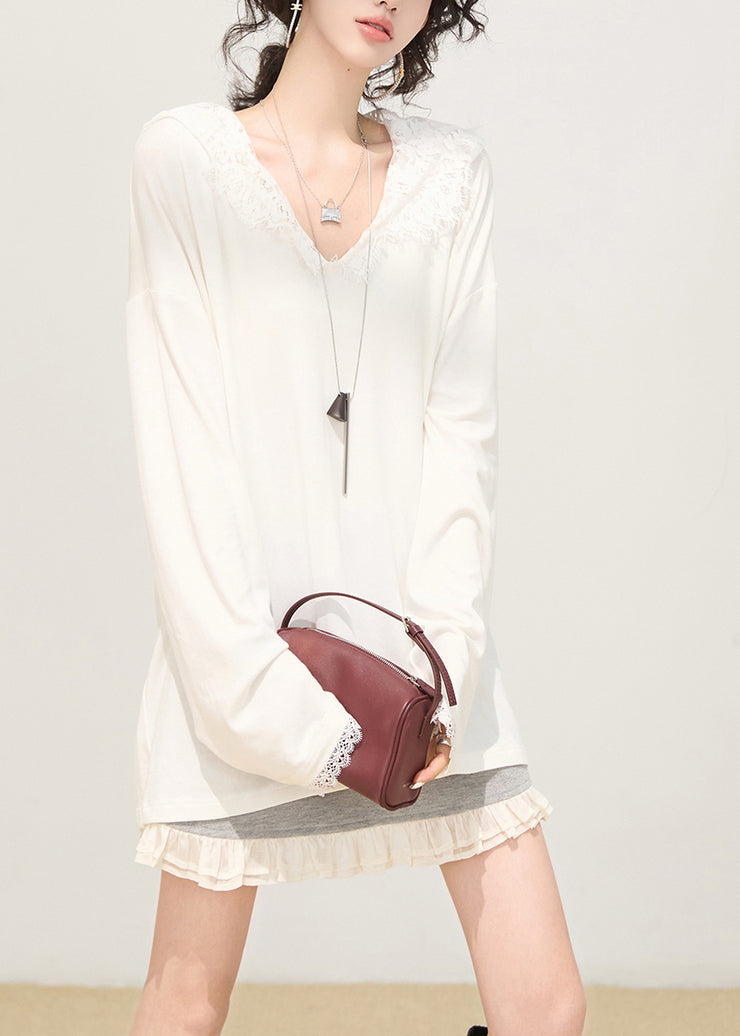 Fashion White Hooded Patchwork Lace Cotton Pullover Sweatshirt Spring