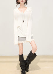 Fashion White Hooded Patchwork Lace Cotton Pullover Sweatshirt Spring