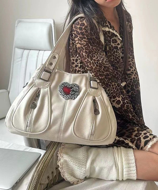 Fashion White Love Decorated With Pockets Faux Leather Shoulder Bags