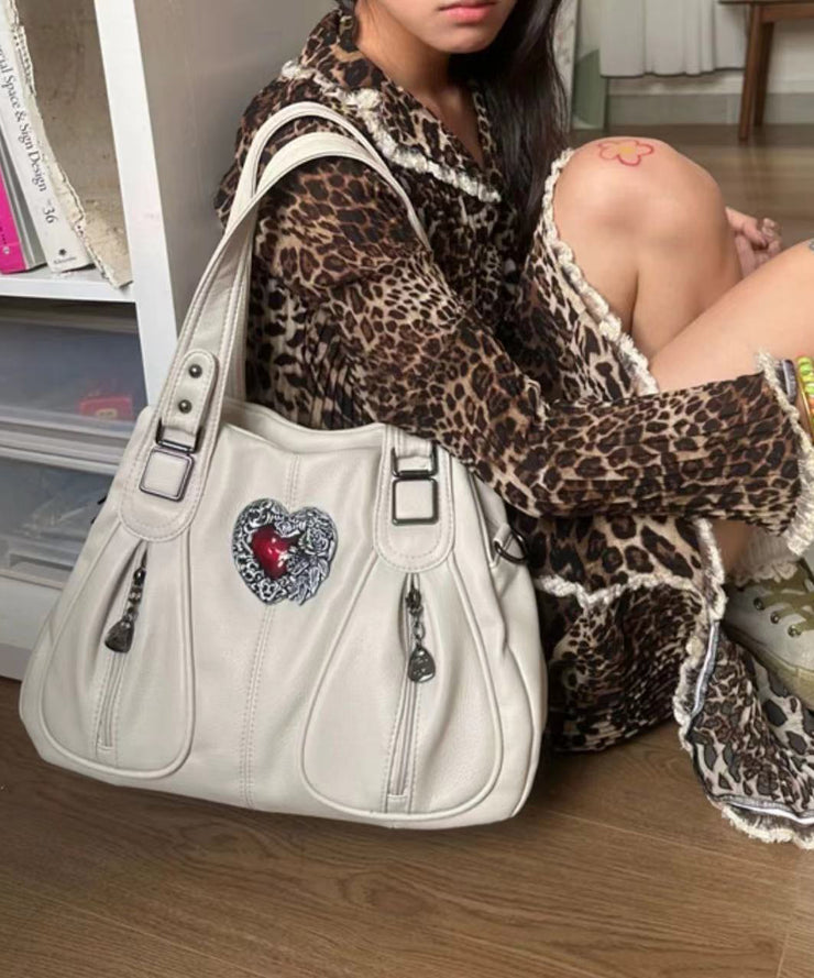 Fashion White Love Decorated With Pockets Faux Leather Shoulder Bags