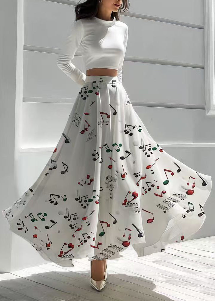 Fashion White Musical Note Print Chiffon Skirts Holiday Summer
