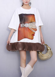 Fashion White Nail Bead Patchwork Cotton Mini Dress Summer