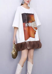 Fashion White Nail Bead Patchwork Cotton Mini Dress Summer