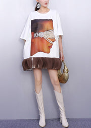 Fashion White Nail Bead Patchwork Cotton Mini Dress Summer