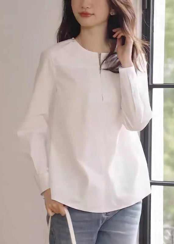 Fashion White O-Neck Zip Up Cotton Shirt Fall