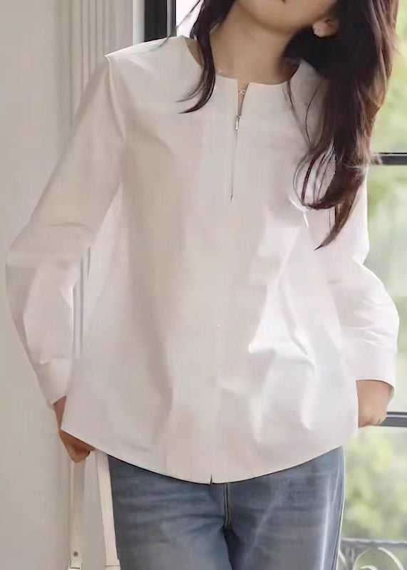 Fashion White O-Neck Zip Up Cotton Shirt Fall