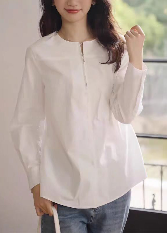 Fashion White O-Neck Zip Up Cotton Shirt Fall