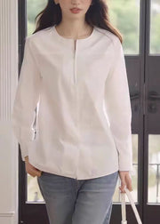 Fashion White O-Neck Zip Up Cotton Shirt Fall