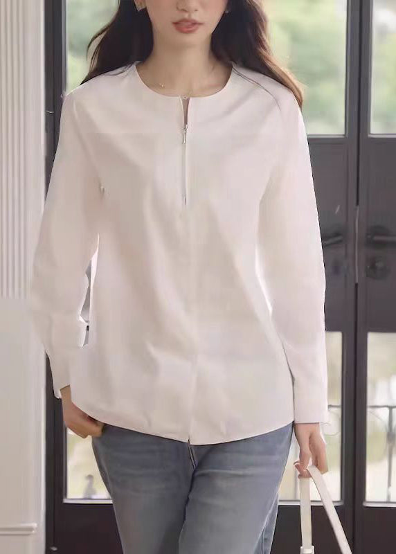Fashion White O-Neck Zip Up Cotton Shirt Fall