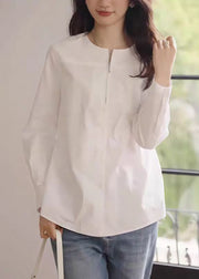 Fashion White O-Neck Zip Up Cotton Shirt Fall