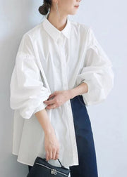 Fashion White Oversized Side Open Cotton Blouse Top Lantern Sleeve