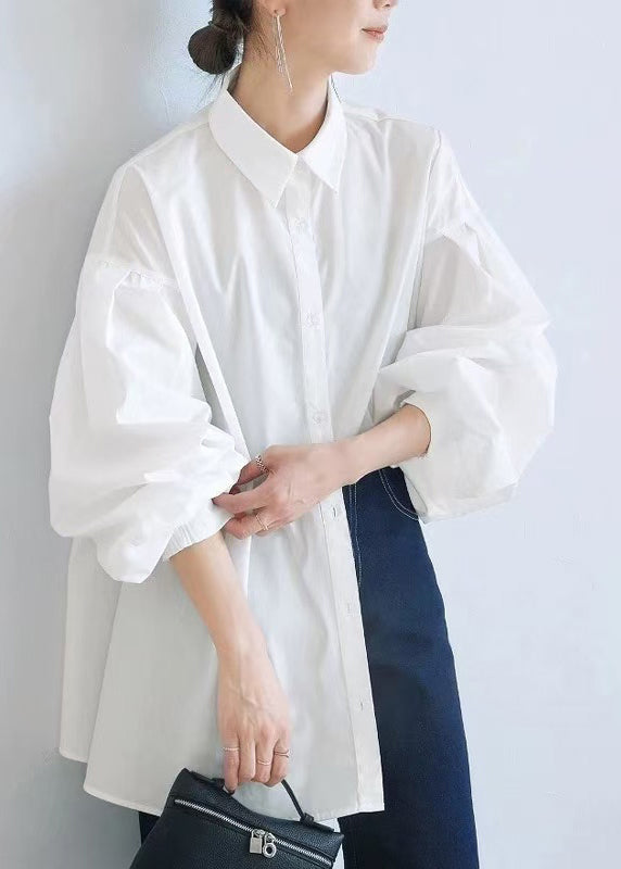 Fashion White Oversized Side Open Cotton Blouse Top Lantern Sleeve