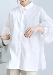 Fashion White Oversized Side Open Cotton Blouse Top Lantern Sleeve