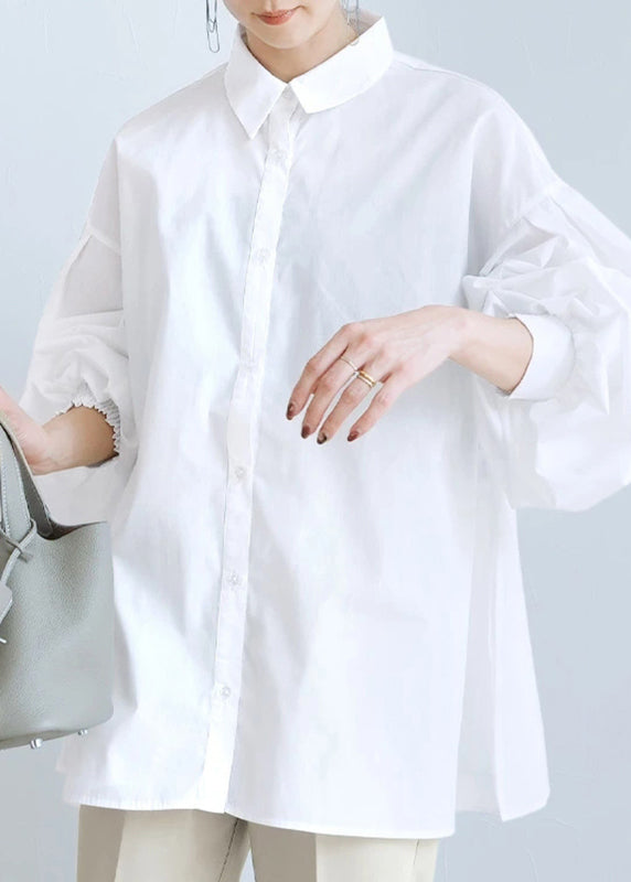 Fashion White Oversized Side Open Cotton Blouse Top Lantern Sleeve