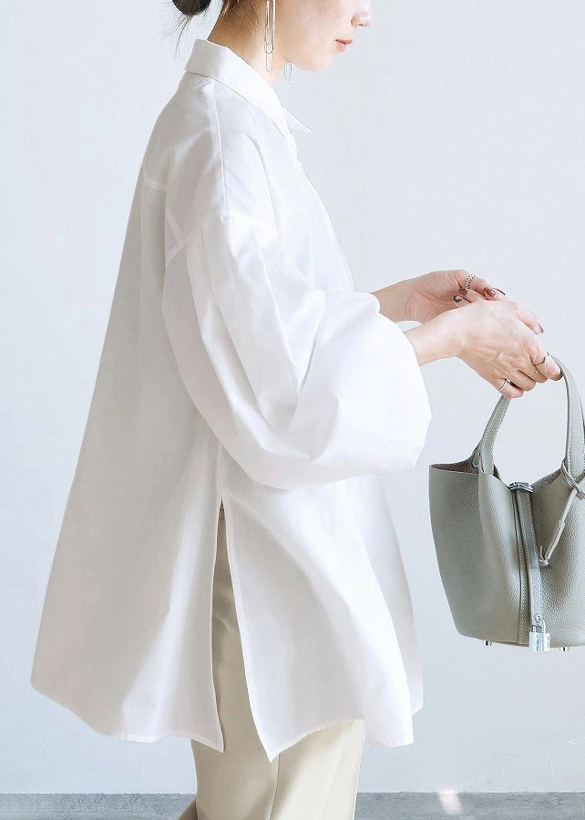 Fashion White Oversized Side Open Cotton Blouse Top Lantern Sleeve