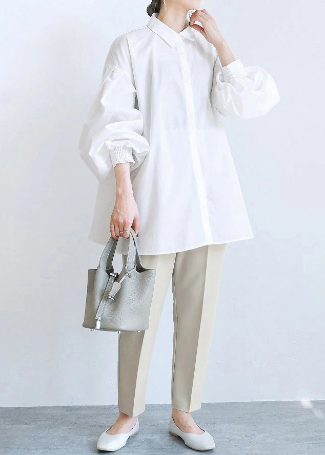 Fashion White Oversized Side Open Cotton Blouse Top Lantern Sleeve