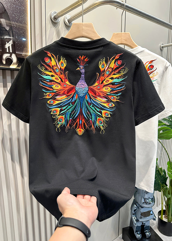 Fashion White Peacock Embroideried Cotton Men T Shirt Summer