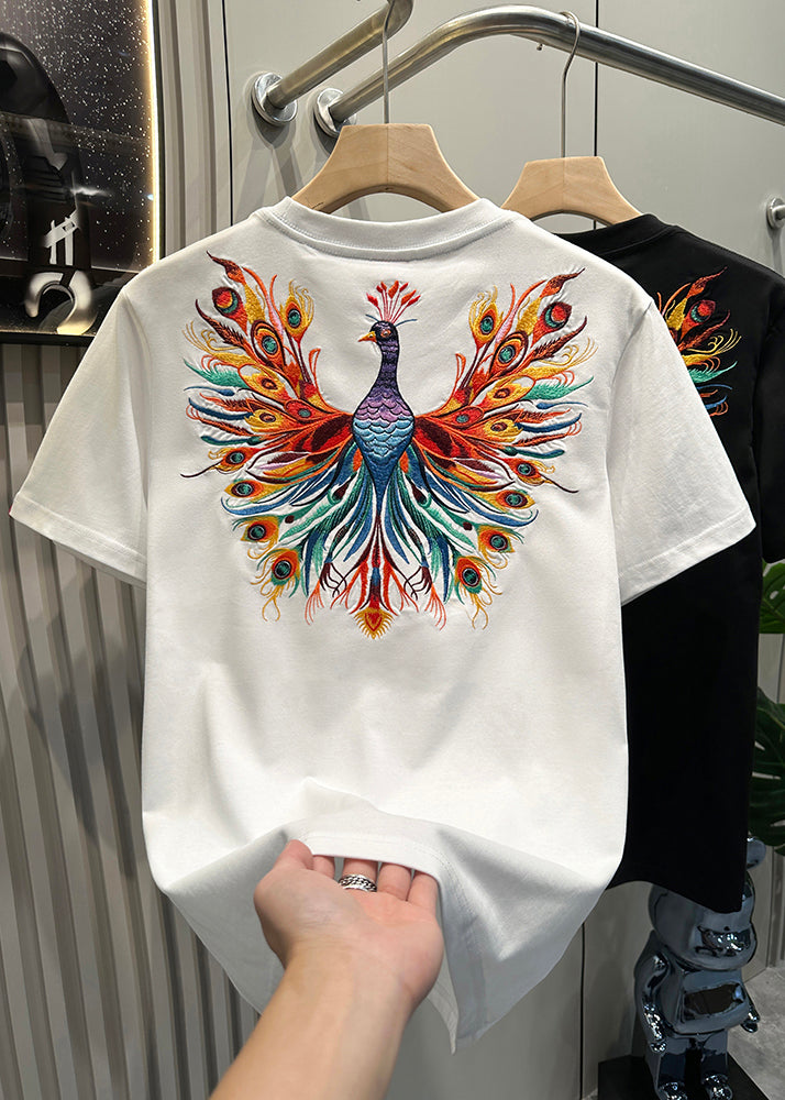 Fashion White Peacock Embroideried Cotton Men T Shirt Summer