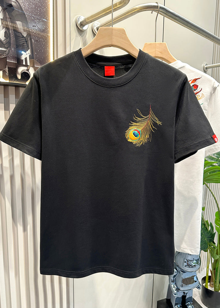 Fashion White Peacock Embroideried Cotton Men T Shirt Summer