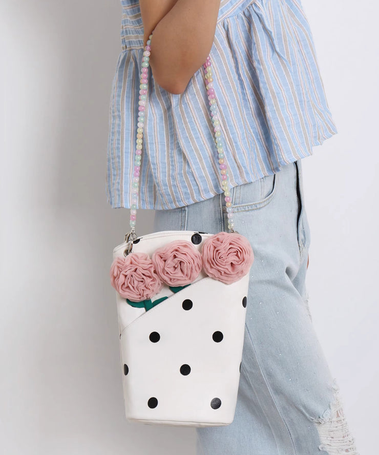 Fashion White Print Flower Decorated Faux Leather Bucket Bag