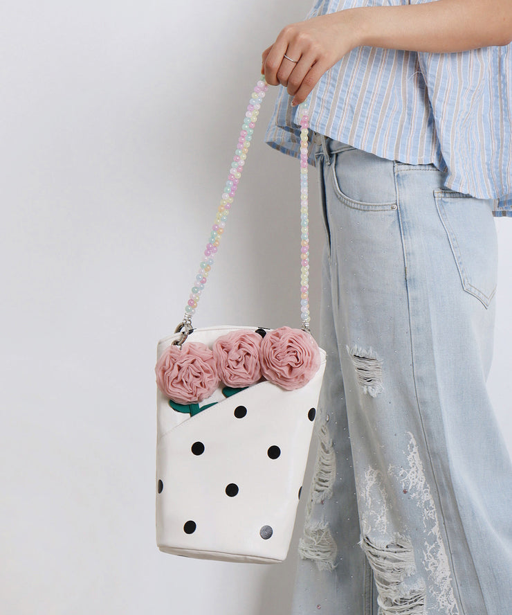 Fashion White Print Flower Decorated Faux Leather Bucket Bag