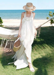Fashion White Ruffled Asymmetrical Patchwork Cotton Dresses Sleeveless