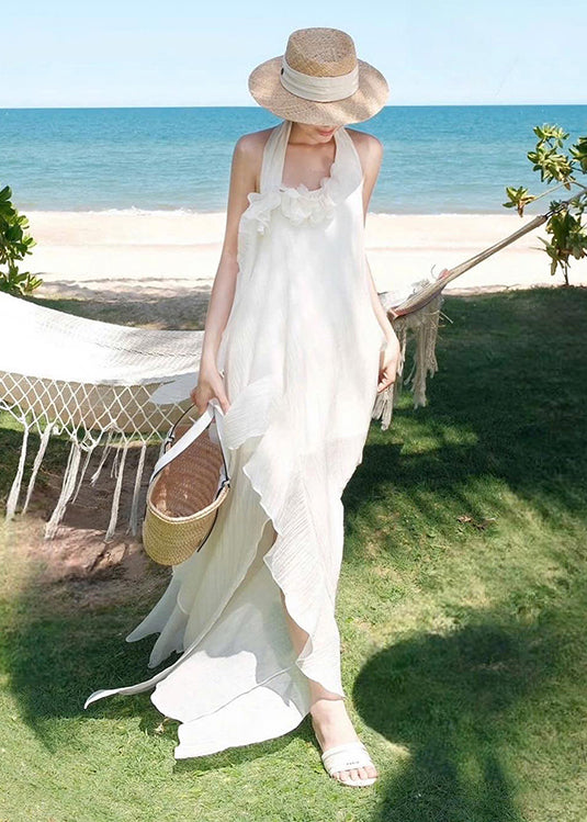 Fashion White Ruffled Asymmetrical Patchwork Cotton Dresses Sleeveless