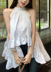Fashion White Ruffled Exra Large Hem Cotton Shirt Sleeveless