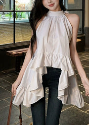 Fashion White Ruffled Exra Large Hem Cotton Shirt Sleeveless