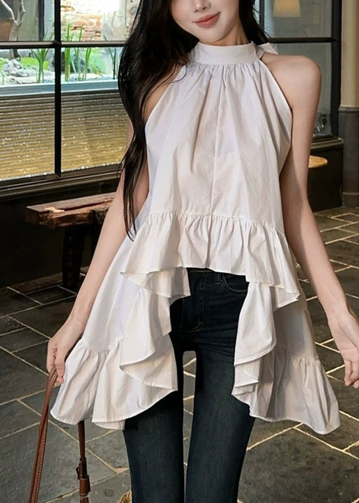 Fashion White Ruffled Exra Large Hem Cotton Shirt Sleeveless