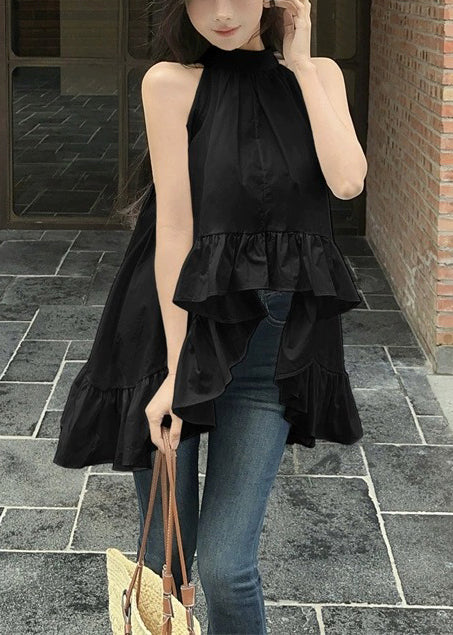 Fashion White Ruffled Exra Large Hem Cotton Shirt Sleeveless