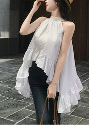 Fashion White Ruffled Exra Large Hem Cotton Shirt Sleeveless