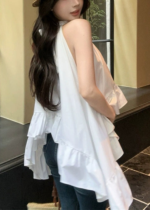 Fashion White Ruffled Exra Large Hem Cotton Shirt Sleeveless